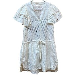La Belle Île White Eyelet Mini Dress Cover Up Ruffle‎ Sleeve Boho Resortwear